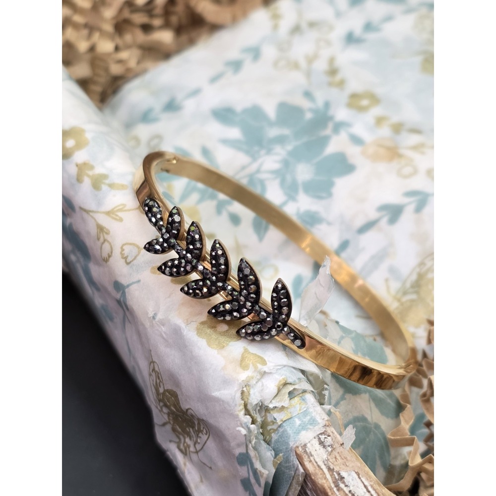 Black Crystal Leaf Bangle Bracelet Gold Plated Stainless Steel Size 2.5"
